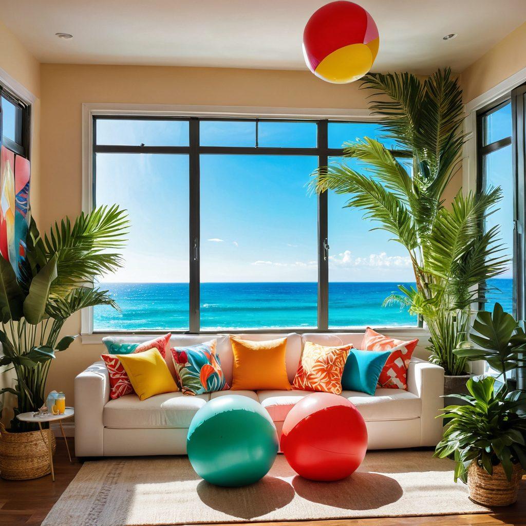 A cozy apartment interior adorned with colorful swimwear and beachwear decorations, bright sunlight streaming through large windows, vibrant beach ball cushions on a comfy sofa, tropical plants peeking in from the corners, and a beautiful ocean-themed mural on the wall. Playful summer vibes and warmth that evoke happiness and relaxation. vibrant colors. super-realistic. natural lighting.