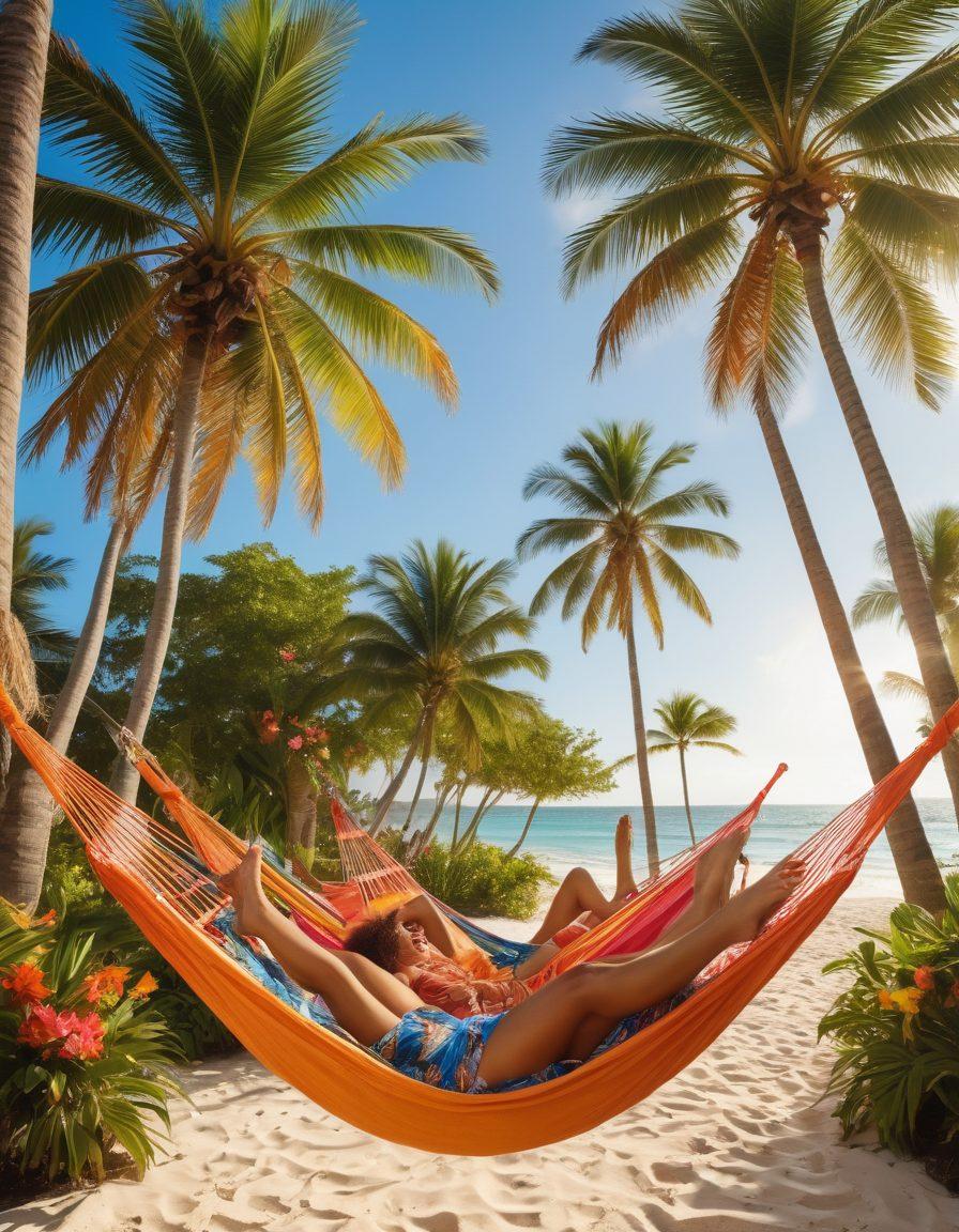 A sun-kissed beach scene featuring a diverse group of friends wearing vibrant, stylish resort wear, lounging in colorful hammocks and sipping tropical drinks. Lush palm trees frame the background, while exotic flowers bloom at their feet, embodying a tropical oasis. Bright blue skies and a golden sun cast warm light over the joyful atmosphere. super-realistic. vibrant colors. tropical theme.