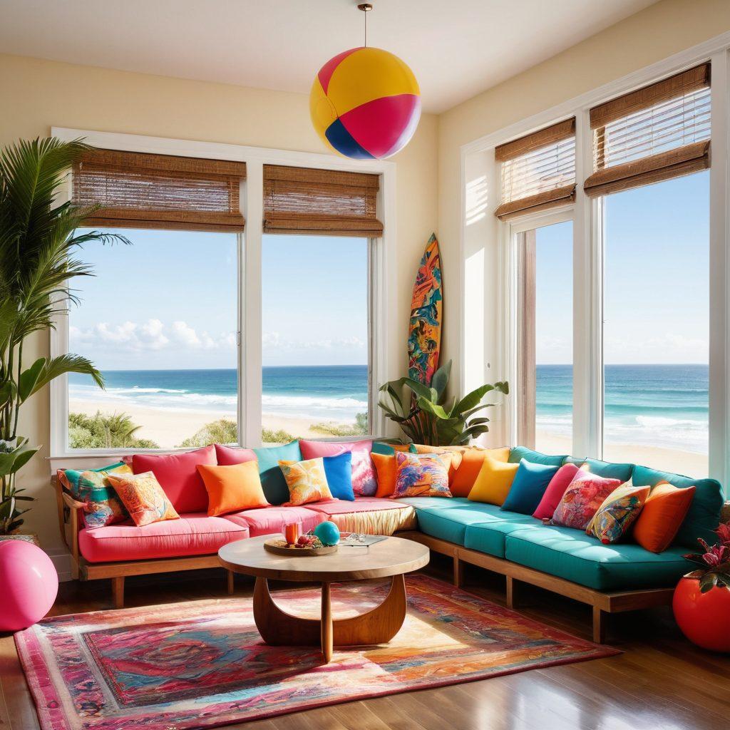 A vibrant living room with a bright, tropical theme, featuring colorful swimwear hanging as decor. Sunlight streams in through open windows, casting playful shadows on a cozy couch adorned with cushions. There are surfboards propped up against the wall and a beach ball on the floor, creating a fun and inviting atmosphere. The overall mood is cheerful and uplifting, emphasizing a transition from dull to lively. super-realistic. bright colors. tropical vibe.